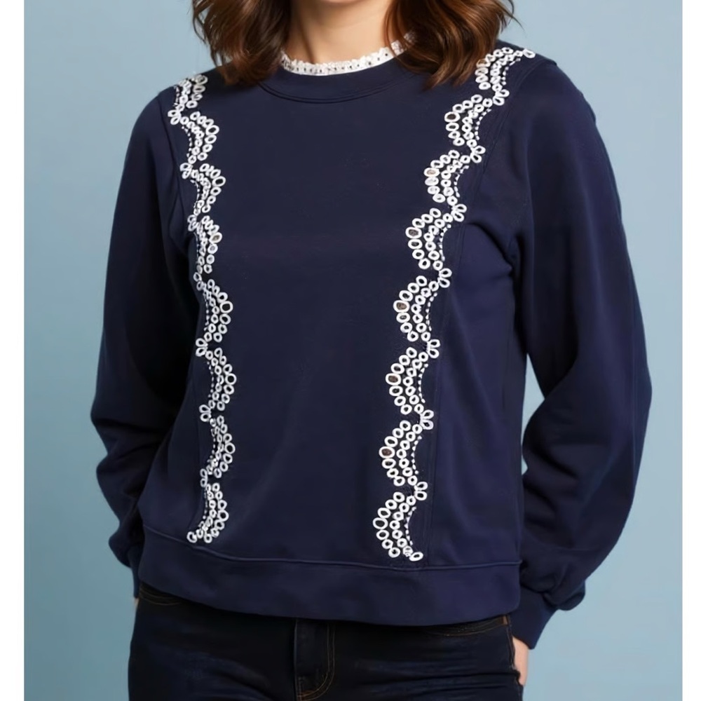 Sezane x Sea NY Karen Sweatshirt in Navy Blue with White Lace Trim sz Small